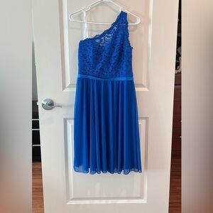 David's Bridal one shoulder dress blue lace